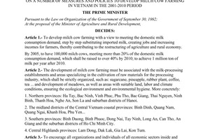 Decision no. 167/2001/QD-TTg of October 26, 2001 on a number of measures and policies to develop milch cow farming in vietnam in the 2001-2010 period