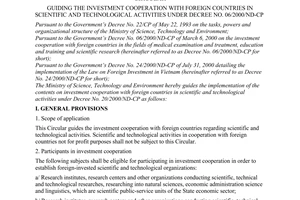 Circular no. 56/2001/TT-BKHCNMT of October 26, 2001 guiding the investment cooperation with foreign countries in scientific and technological activities under decree no. 06/2000/nd-cp