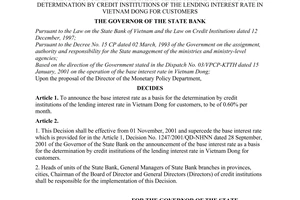 Decision No. 1351/2001/QD-NHNN of October 29, 2001, on the announcement of the base interest rate as a basis for the determination by credit institutions of the lending interest rate in Vietnam Dong for customers