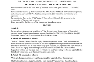 Decision No. 1345/2001/QD-NHNN of October 29, 2001, on the amendment of some provisions of the regulation on the exchange of the expired payment notes issued in conjunction with the Decision No. 324/1999/QD-NHNN6 dated 15 September, 1999