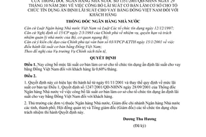 Quyết định 1351/2001/QĐ-NHNN  lãi suất cơ bản làm cơ sở cho tổ chức tín dụng ấn định cho vay bằng đồng Việt Nam đối với khách hàng