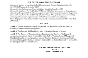 Decision No. 1346/2001/QD-NHNN of  October 29, 2001, on the issuance of the regulation on the procedures of commercial paper collection through banks