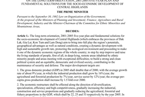 Decision no. 168/2001/QD-TTg of October 30, 2001 on the long-term orientation, 2001-2005 five-year plan and fundamental solutions for the socio-economic development of central highlands