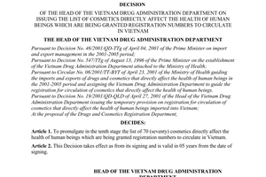 Decision no. 58/2001/QD-QLD of November 01, 2001 of the head of the Vietnam drug administration department on issuing the list of cosmetics directly affect the health of human beings which are being granted registration numbers to circulate in Vietnam