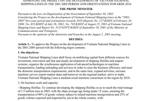 Decision no. 1419/QD-TTg of November 01, 2001 approving the project on the development of Vietnam national shipping lines in the 2001-2005 period and orientations towards 2010
