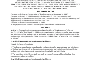Decree no. 79/2001/ND-CP of November 01, 2001 amending and supplementing a number of articles of the government’s decree no. 17/1999/ND-CP of march 29, 1999 on the procedures for exchange, transfer, lease, sublease and inheritance of the land use right as well as for mortgage of and capital contribution with the land use right value