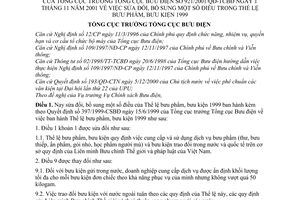 Quyết định 921/2001/QĐ-TCBĐ sửa đổi thể lệ bưu phẩm - bưu kiện 1999