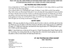 Quyết định 50/2001/QĐ-BCN bổ sung sản phẩm bu lông, đai ốc chất lượng cao vào Danh mục dự án, sản phẩm cơ khí  kèm Quyết định 67/2000/QĐ-BCN