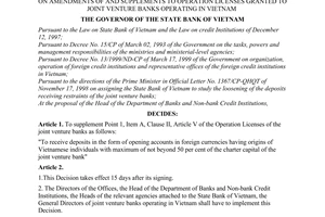 Decision no. 1380/2001/QD-NHNN of November 05, 2001 on amendments of and supplements to operation licenses granted to joint venture banks operating in vietnam