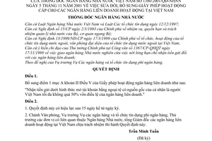 Quyết định 1380/2001/QĐ-NHNN sửa đổi Giấy phép hoạt động cấp cho Ngân hàng liên doanh hoạt động tại Việt Nam