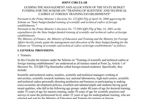 Joint circular no. 88/2001/TTLT-BTC-BGDDT-BNG of November 06, 2001 guiding the management and allocation of the state budget funding for the scheme on "training of scientific and technical cadres at foreign training establishments"