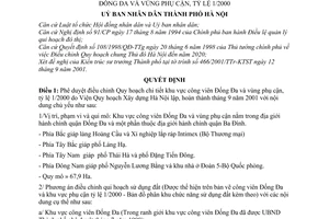 Quyết Định 104/2001/QĐ-UB phê duyệt điều chỉnh Quy hoạch chi tiết Khu vực công viên Đống Đa vùng phụ cận tỷ lệ 1/2000