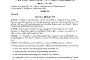 Decree no. 82/2001/ND-CP of November 06, 2001 on the state ceremonies and the reception of foreign guests