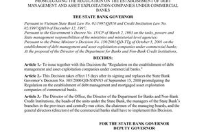 Decision No. 1389/2001/QD-NHNN of November 07, 2001, promulgating the regulation on the establishment of debt management and asset exploitation companies under Commercial Banks.