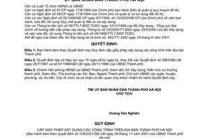 Quyết định 109/2001/QĐ-UB cấp giấy phép xây dựng công trình trên địa bàn Thành phố