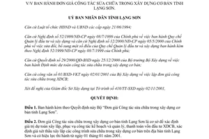 Quyết định 61/2001/QĐ-UB đơn giá công tác sửa chữa xây dựng cơ bản Lạng Sơn