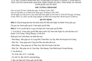 Quyết định 174/2001/QĐ-TTg chuyển hạng khu bảo tồn thiên nhiên Pù Mát, tỉnh Nghệ An thành vườn quốc gia Pù Mát