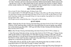 Quyết định 175/2001/QĐ-TTg lập Ban chỉ đạo triển khai CT 58-CT/TW  ứng dụng công nghệ thông tin trong công nghiệp hoá giai đoạn 2001-2005
