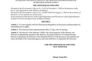 Decision no. 52/2001/QD-BCN of November 12, 2001 on issuing the regulation on the process and procedures of suspending power supply