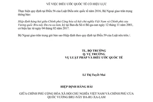 Thông báo 11/2017/TB-LPQT hiệu lực Hiệp định hàng hải giữa Việt Nam và Bru nây Đa ru xa lam 2017