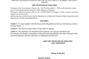 Decision no. 54/2001/QD-BCN of November 14, 2001 issuing the regulation on the use of electricity as direct security means