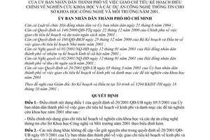 Quyết định 112/2001/QĐ-UB giao chỉ tiêu kế hoạch điều chỉnh nghiên cứu khoa học dự án công nghệ thông tin cho Sở Khoa học CN Môi trường năm 2001