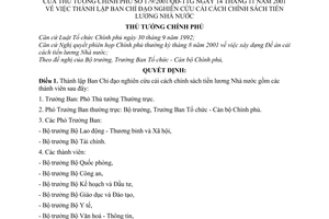 Quyết định 179/2001/QĐ-TTg thành lập Ban chỉ đạo nghiên cứu cải cách chính sách tiền lương Nhà nước