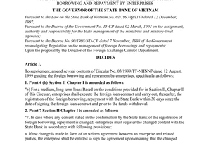 Decision No. 1432/2001/QD-NHNN of November 16, 2001, on the supplement, amendment of several contents of the Circular No. 03/1999/TT-NHNN7 dated 18 August, 1999 guiding the foreign borrowing and repayment by enterprises