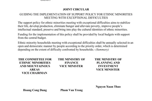 Joint circular no. 912/2001/TTLT-UBDTMN-BTC-BKHDT of November 16, 2001 guiding the implementation of support policy for ethnic minorities meeting with exceptional difficulties