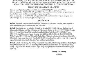 Quyết định 1437/2001/QĐ-NHNN Quy định mua, chuyển mang ngoại tệ ra nước ngoài của người cư trú là công dân Việt Nam