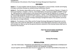 Decision No. 1437/2001/QD-NHNN of September 19, 2001, issuing the regulation on the purchase, transfer and bringing of foreign currencies overseas by Residents being Vietnamese Citizens