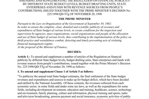 Decision No. 182/2001/QD-TTg of September 20, 2001, amending and supplementing the regulation on financial publicity by different state budget levels, budget drafting units, state enterprises and funds with revenue sources from people’s contributions, issued together with the Prime Minister’s Decision No. 225/1998/QD-TTg of November 20, 1998.
