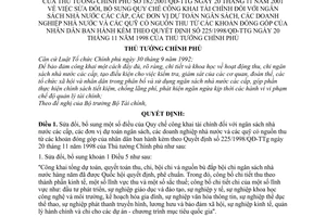 Quyết định 182/2001/QĐ-TTg Quy chế công khai tài chính Ngân sách NN cấp đơn vị dự toán doanh nghiệp Nhà nước quỹ thu dân sửa đổi QĐ 225/1998/QĐ-TTg