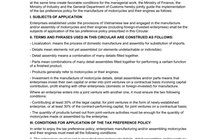 Joint circular No.92/TTLT-BTC-BCN-TCHQ, on guiding the implementation of the tax preference policy for the manufacture of motorcycles and their engines, issued by the General Department of Customs, the Ministry of Finance and the Ministry of Industry