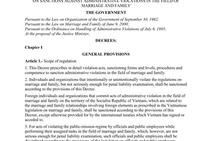 Decree no. 87/2001/ND-CP of November 21, 2001 on sanctions against administrative violations in the field of marriage and family