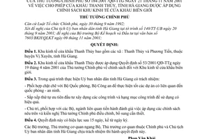 Quyết định 184/2001/QĐ-TTg cho phép cửa khẩu Thanh Thuỷ, tỉnh Hà Giang được áp dụng chính sách khu kinh tế cửa khẩu biên giới