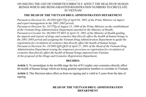 Decision No. 68/2001/QD-QLD on issuing the list of cosmetics directly affect the
