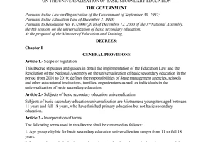 Decree of Government No. 88/2001/ND-CP, on the universalization of basic secondary education.
