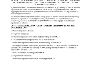 Circular No. 08/2001/TT-BKH of September 22, 2001, guiding the business registration order and procedures prescribed in The Government’s Decree No. 02/2000/ND-CP of February 3, 2000 on business registration.