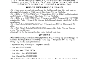 Quyết định 1202/2001/QĐ-TCHQ sửa đổi giá tối thiểu mặt hàng không thuộc danh mục mặt hàng nhà nước quản lý giá