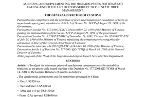 Decision No. 1202/2001/QD-TCHQ of September 23, 2001, amending and supplementing the minimum prices for items not falling under the list of items subject to the State Price management.