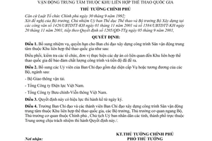 Quyết định 1497/QĐ-TTg bổ sung nhiệm vụ Ban Chỉ đạo xây dựng công trình Sân vận động trung tâm thuộc Khu liên hợp thể thao quốc gia
