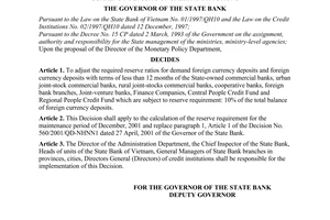 Decision No. 1472/2001/QD-NHNN of November 23, 2001, on the adjustment of the required reserve ratios for foreign currency deposits of credit institutions