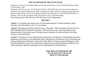 Decision No. 1473/2001/QD-NHNN of November 23, 2001, on the interest rate of foreign currency demand deposits of credit institutions, the State Treasury at the State Bank