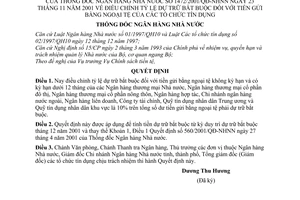 Quyết định 1472/2001/QĐ-NHNN điều chỉnh tỷ lệ dự trữ bắt buộc đối với tiền gửi bằng ngoại tệ của tổ chức tín dụng