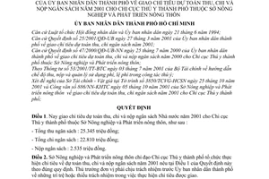 Quyết định 113/2001/QĐ-UB giao chỉ tiêu dự toán thu, chi nộp ngân sách năm 2001 cho Chi cục Thú y thành phố thuộc Sở Nông nghiệp Phát triển nông thôn
