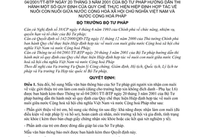 Quyết định 42/2001/QĐ-BTP nuôi con nuôi giữa Việt Nam và Cộng hoà Pháp sửa đổi Thông tư  04/2001/TT-BTP