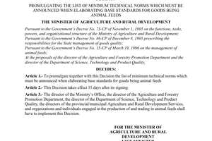 Decision No. 113/2001/QD-BNN of September 28, 2001, promulgating the list of minimum technical norms which must be announced when elaborating base standards for goods being animal feeds.
