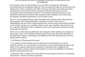 Dirrective No. 28/2001/CT-TTg, on further creating favorable business environment for enterprises, promulgated by the Prime Minister of Government.