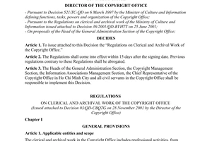 Decision No. 03/QD-CBQTG, issuance of the regulations on clerical and archival work of the Copyright Office